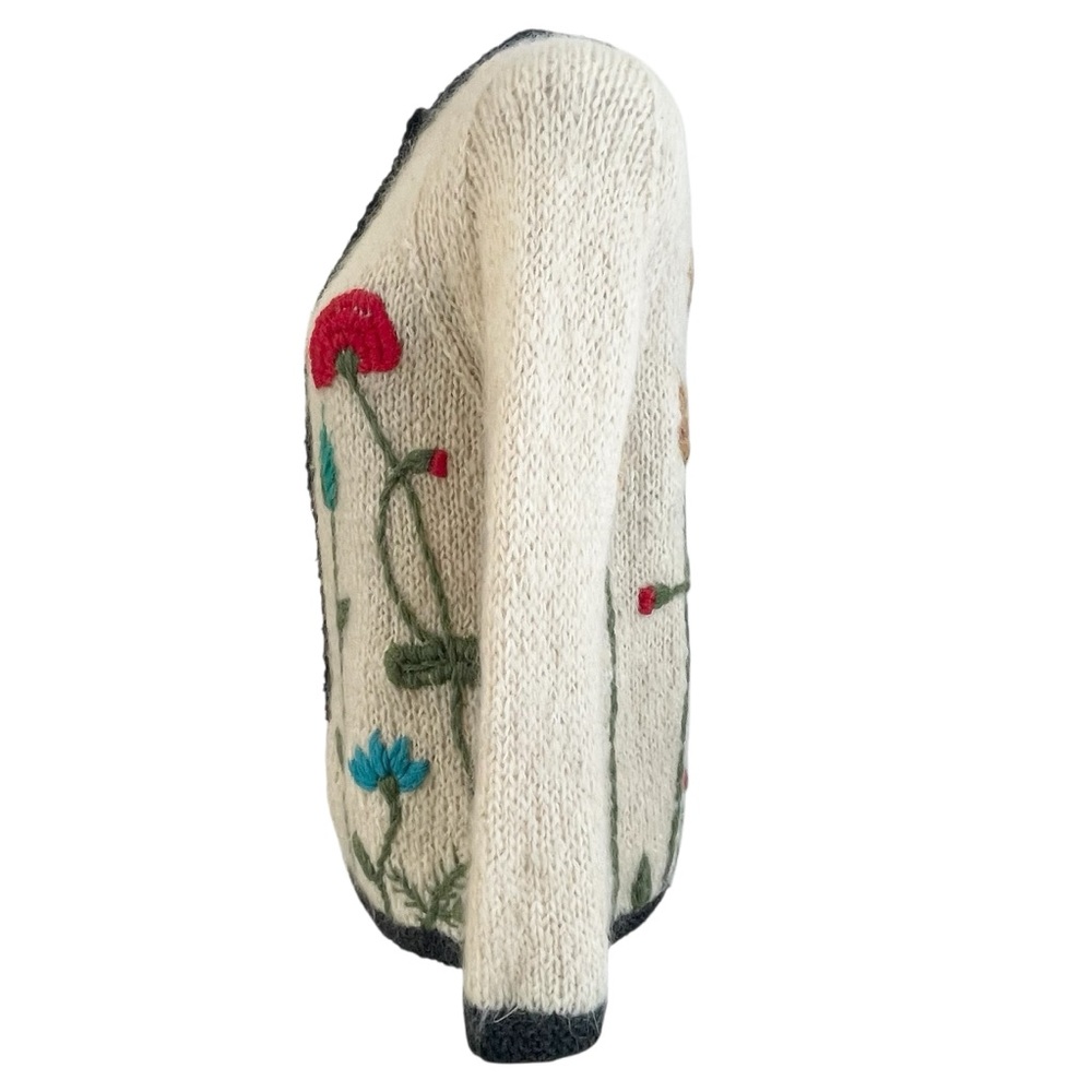 Vintage Hand Knit Floral Wool Mohair Blend Cardigan Cream Chunky Made Italy XS/S - Picture 5 of 17